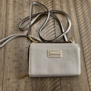 KATE Landry Crossbody Shoulder Bag Zip Wallet Purse Stripped Brown Tan Gold EUC